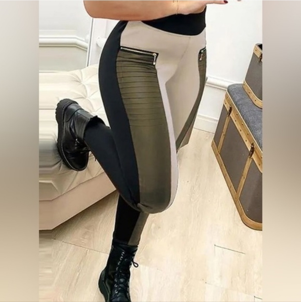 Flamingo Urban Contrast Panel Zipper Detail Faux Leather Moto Pants SzL - Picture 13 of 16
